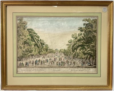 Lot 25 - 18th century French School hand coloured engraving, La Grande Allée des Champs Elysées, Paris, 29cm x 42cm, mounted in gilt frame