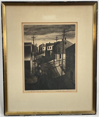 Lot 26 - Samuel Margolies (American 1897-1974) etching - The Lone Traveler, Tamaqua, signed and titled in pencil below, 24.5cm x 19.5cm, glazed frame