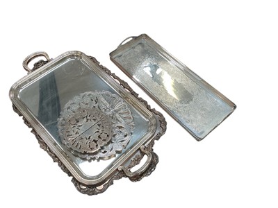 Lot 573 - Group of three silver plated serving trays and two plated stands, (5).