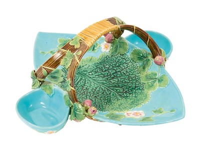 Lot 2 - Victorian George Jones majolica strawberry serving set, circa 1875, decorated with strawberry blossom and leaves, on a turquoise ground, diamond registration mark to base