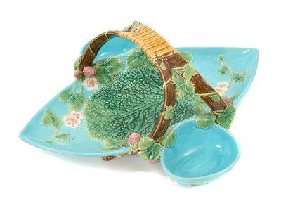 Lot 2 - Victorian George Jones majolica strawberry serving set, circa 1875, decorated with strawberry blossom and leaves, on a turquoise ground, diamond registration mark to base