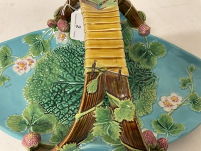 Lot 2 - Victorian George Jones majolica strawberry serving set, circa 1875, decorated with strawberry blossom and leaves, on a turquoise ground, diamond registration mark to base