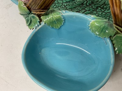 Lot 2 - Victorian George Jones majolica strawberry serving set, circa 1875, decorated with strawberry blossom and leaves, on a turquoise ground, diamond registration mark to base