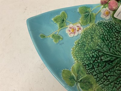 Lot 2 - Victorian George Jones majolica strawberry serving set, circa 1875, decorated with strawberry blossom and leaves, on a turquoise ground, diamond registration mark to base