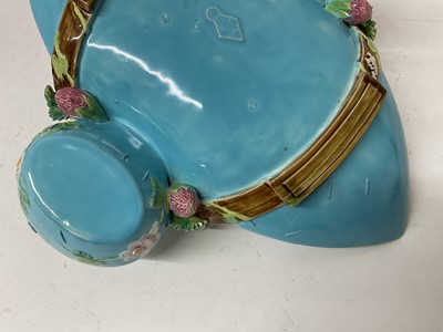 Lot 2 - Victorian George Jones majolica strawberry serving set, circa 1875, decorated with strawberry blossom and leaves, on a turquoise ground, diamond registration mark to base