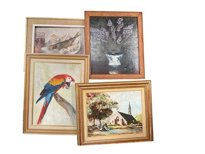 Lot 996 - Group of seven various oils to include still life studies of flowers, and oil of a macaw and other works, (7).