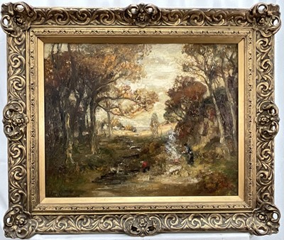 Lot 3 - William Mouncey (1852-1901) oil on canvas- figures by a fire in a wooded landscape, signed, 40cm x 50cm, framed