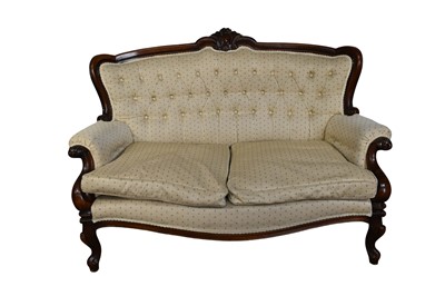 Lot 1372 - Two seater sofa in yellow upholstery in dark mahogany frame