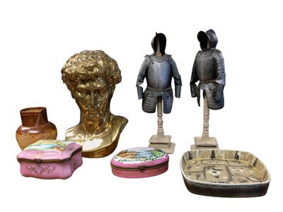 Lot 392 - Box containing Bust of Michael Angelo (David), some china, two figures displaying armour and two boxes china to include Nils Thorsson fish design dish, Copenhagen numbered 719/2884