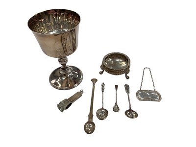Lot 1190 - Group of silver to include a chalice with presentation inscription, Victorian silver cauldron salt, silver wine label, silver cigar cutter, three silver spoons and one plated