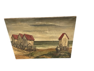 Lot 841 - English School, mid 20th century, oil on canvas - Bathing machines, signed and dated 1942, 74 x 101cm