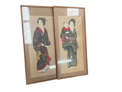 Lot 839 - Pair of Japanese painted silk panels, mounted in glazed frames.