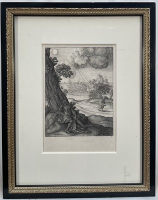 Lot 100 - Wenceslaus Hollar (1607-1677) etching, The Sun and the Wind, from John Ogilby's 1665 The Fables of Aesop, plate-signed, number 65, 21cm x 16.5cm, mounted in glazed fram...