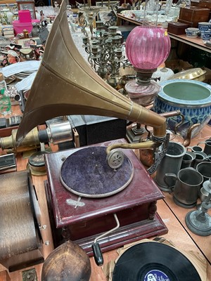 Lot 581 - HMV Gramophone with brass horn and gramphome records.