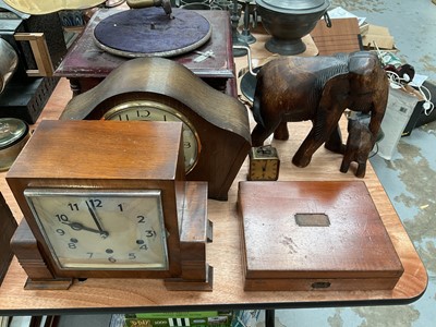 Lot 582 - Two mantel clocks, wooden elephant, alarm clock and draftsmans instruments.