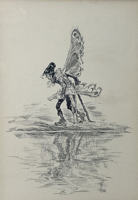 Lot 103 - After John R. Neill, monogrammed print - Fairy with a broken wing, indistinctly monogrammed, 25cm x 17cm, glazed frame