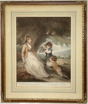 Lot 1083 - Early 19th century coloured stipple engraving 'Innocent Captivation, Amusement Pastorale', Anthony Cardon after H. Singleton, pub.1801 by A. Cardon, Fitzroy Sq., 57cm x 49cm, glazed frame