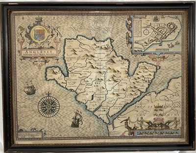 Lot 1068 - John Speed (1552-1629) hand-coloured map of Anglesey, First edition c. 1610, pub. Sudbury & Humble, 45cmx 58cm, glazed frame