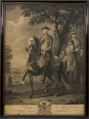 Lot 1069 - 18th century engraving of George III, after Morier, by Mazell, pub. 1769, 66cm x 50cm, glazed frame