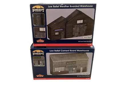 Lot 1894 - Bachmann 00 Gauge Scenecraft Low Relief Model Buildings including Cement Board Warehouse 44-269, Weather Boarded Warehouse 44-268, Officer Block 44-259 & The Ship Inn Pub 44-286, all boxed (...