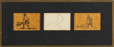 Lot Harry Becker (1865-1928) three pencil studies of men ploughing, framed as one, each 5cm x 8cm, overall size 14cm x 33.5cm