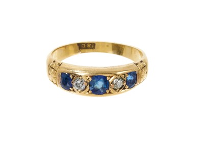 Lot 390 - Victorian sapphire and diamond five stone ring in gypsy style setting on 18ct tapered gold shank.