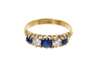 Lot 391 - Victorian diamond and sapphire five stone ring with three mixed-cut blue sapphires and two old cut diamonds in gold claw setting on 18ct gold shank