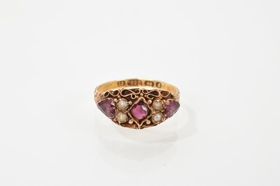 Lot 392 - Victorian 15ct gold amethyst/paste and seed pearl ring, Birmingham 1875