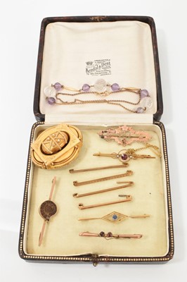 Lot 395 - Group of ten antique and later gold and yellow metal brooches, together with a 9ct gold and faceted bead necklace