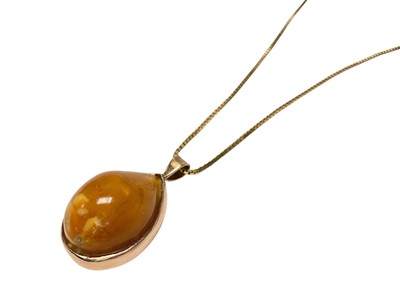 Lot 108 - Amber pear shaped pendant on 9ct gold chain
