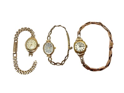Lot 109 - Two 9ct gold ladies wristwatches, Rotary and Roamer, both on 9ct gold bracelets and one other Sekonda gold plated wristwatch on 9ct rose gold bracelet (3)