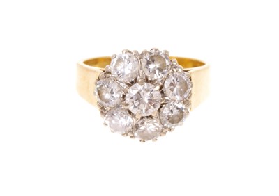 Lot 412 - Diamond cluster ring with a flower head cluster of eight brilliant cut diamonds in claw setting on wide gold shank. Estimated total diamond weight 1.75cts.