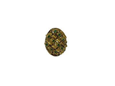Lot 119 - 18ct gold and emerald cocktail ring with an oval abstract panel set with thirteen emeralds in 18ct gold setting (shank broken)