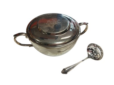 Lot 91 - Silver porringer with cover, together with a silver sugar sifter spoon