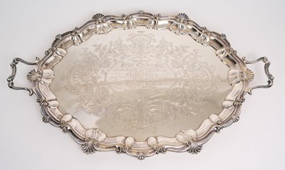 Lot 398 - Late Victorian silver two handled tray with presentation inscription.