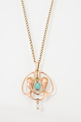 Lot 495 - Edwardian Art Nouveau rose gold turquoise and pearl pendant on a later gold chain