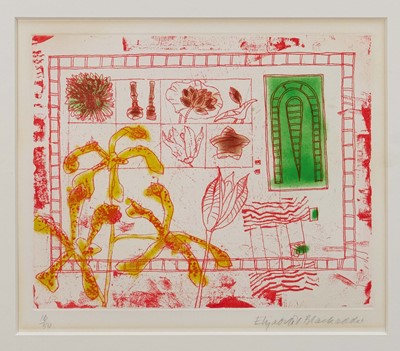 Lot 1022 - *Elizabeth Blackadder OBE RA (1931-2021) etching and aquatint, Red Still life, signed and numbered 16/50, 20cm x 25cm, glazed frame