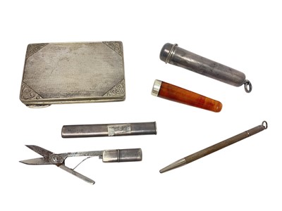 Lot 111 - Continental silver (835) box/compact with engine turned decoration, silver cased scissors, silver cased cheroot holder and a silver propelling pencil