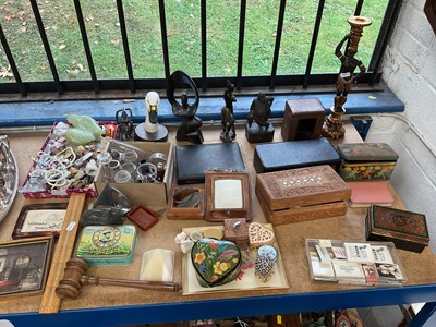 Lot 50 - Mixed group of sundry decorative items including hard stone animals, tin boxes, trinket boxes etc