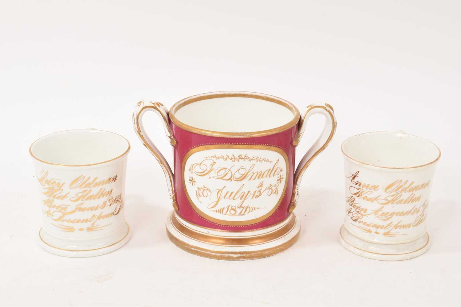 Lot 93 - 19th century two handed loving cup, and two inscribed mugs