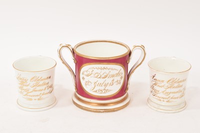 Lot 93 - 19th century two handed loving cup, and two inscribed mugs