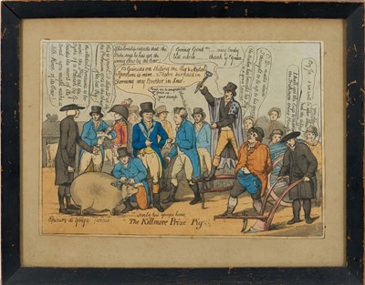 Lot 1089 - Early 19th century hand coloured satirical etching - ‘The Killmore Prize Pig’, 22cm x 32.5cm, in glazed frame