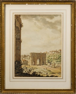 Lot 1062 - Circle of Claude Louis (1753-1794) watercolour - The Arch of Constantine, 41cm x 30cm, in glazed gilt frame