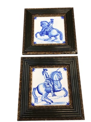 Lot 5098 - Pair of antique blue and white Dutch delftware tiles, framed
