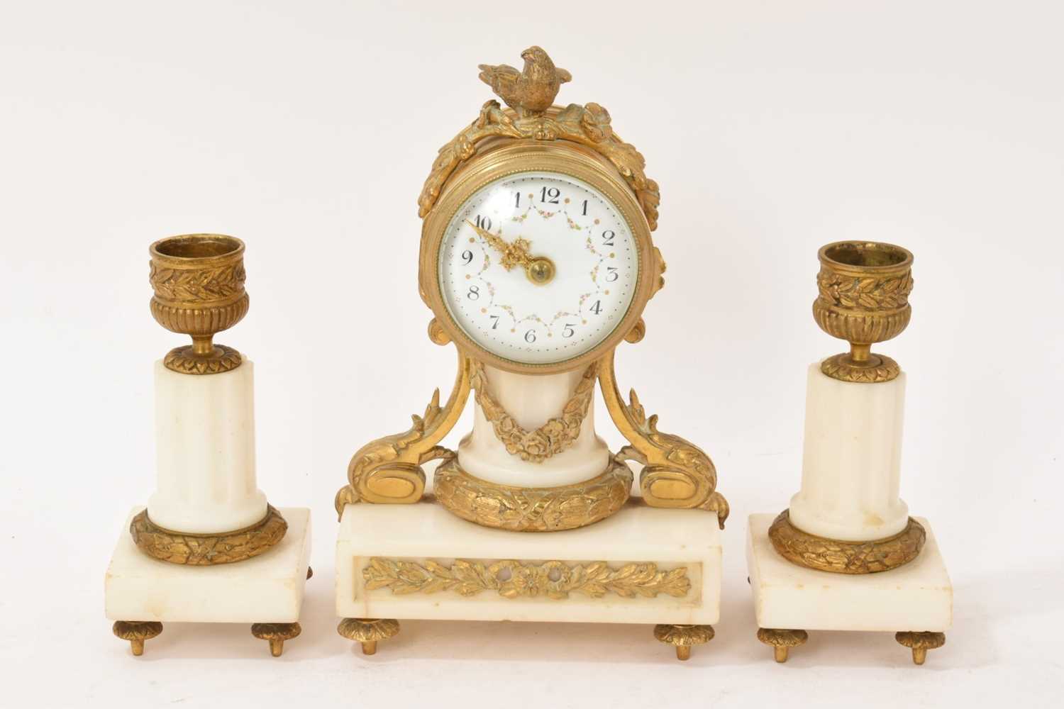 Lot 638 - Late 19th century French small clock garniture