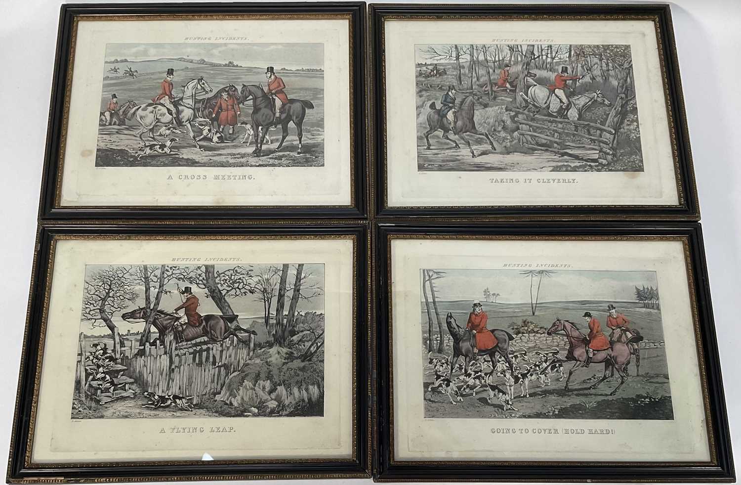 Lot 962 - Set of four coloured hunting prints after H. Alken, ‘Hunting Incidents’, 20.5cm x 33cm, in glazed Hogarth frames