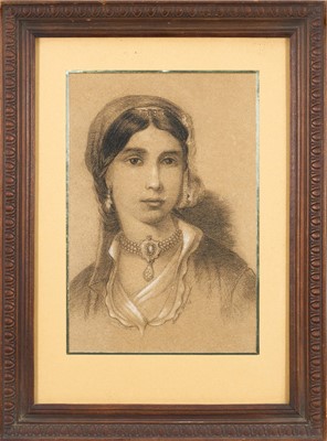 Lot 1058 - Continental School, 19th century, charcoal drawing, portrait of a young lady, inscribed, indistinctly signed and dated 1880, 29cm x 19cm, in glazed frame