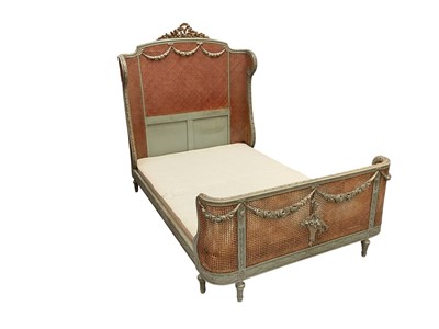 Lot 1414 - 19th century French double bed with carved green painted and gilded frame with bergère panels