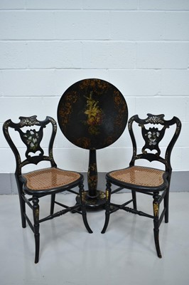 Lot 1402 - Victorian papier mâché wine table on pedestal base, together with three similar chairs (4)