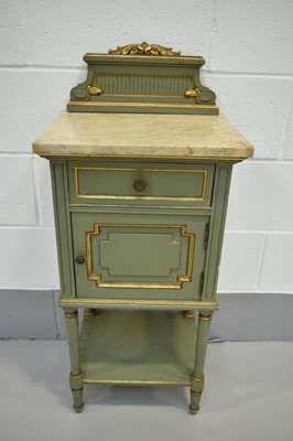 Lot 1417 - 19th century French green painted and giltwood bedside cabinet with marble top